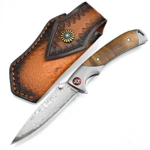 Shadow Wood Handle Collection Gift Folding Knife Damascus Steel+D2+serration Sharp EDC Pocket Knife with Leather Case