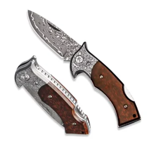 Small Rosette Damascus Hunting Folding Pocket Knife with Serpentine Wood Handle