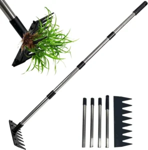 Stainless Steel 8 Tines Weed Puller Tool Adjustable Handle Manual Weeder Rake for Yard Patio Lawn & Garden
