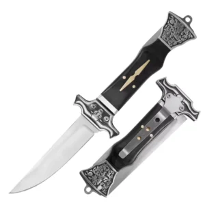 Stainless Steel Camping Hunting Outdoor Folding Knife with Push Button Bull Handle Wood Self Defence