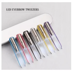 Stainless Steel Clip Tweezers with LED Light Slanted Tip Eyebrow Hair Removal Makeup Tool
