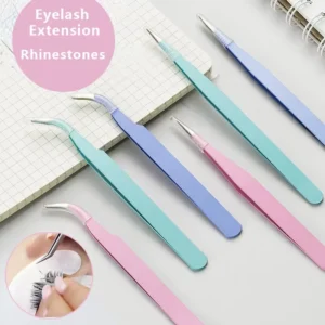 Stainless Steel Colored Straight + Curved Tweezers for Nail Art Sticker Rhinestones Picking Tool Eyelash Makeup DIY Tweezer Tool