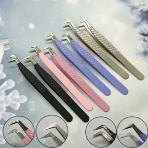 Stainless Steel Professional Luxury Fiber Tip Serrated Anti Static Lash Tweezers 90 Degree Durable with Custom Logo Packaging
