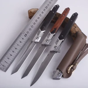 Stock New Stainless Steel Hunting Knife Folding Wooden Handle Leather Sheath