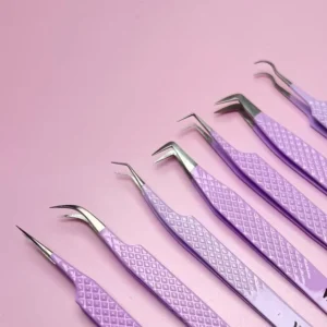 VEYES Private Label Custom Print Logo Fiber Tip 45 90 Degree Extension Pink Purple Volume Lash Extensions Tweezers