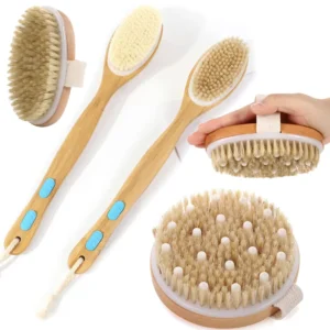 Wooden Dry Brush Stiff Boar Bristle Exfoliating Brush with Nodules Long Handle for Back Scrubbing & Body Care