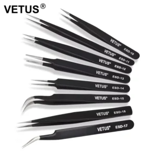 Yelix Vetus ESD Tweezers Easy to Clip High Precision Professional Anti Static Stainless Steel Eye Lash Extension Tweezers