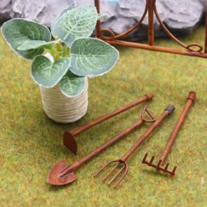 dollhouse Miniature Shovel Shavel Hoe and Pitchfork Rusty Iron Garden Tool Decor and tree for dollhouse